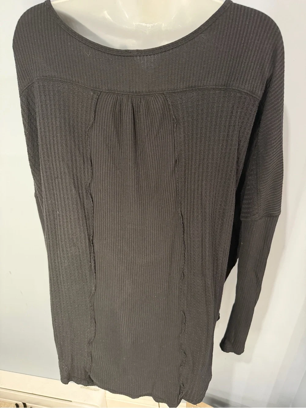Free People Black Waffle Henley Long Sleeve Top M